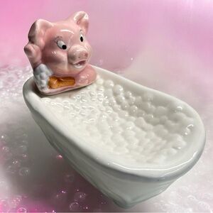 Vintage Ceramic Pink Pig in Bubble Bath Soap Dish